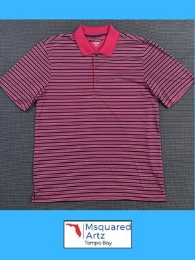 Greg Norman Play Dry Polo Shirt Men's Large Red Striped Shark Logo Golf